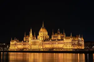 Budapest Prints: Hungarian parliament building from across the Danube river at night Budapest Hungary Europe