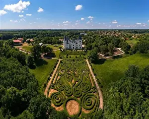 Aerial Cityscape Prints: Hungarian romantic style castle in Tiszadob village which name is Andrassy castle