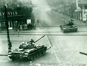Tanks Prints: Hungarian uprising, October 1956. Soviet tanks in the streets of Budapest