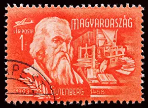 Cancelled Prints: Hungary Postage Stamp - Johann Gutenberg (c. 1397-1468) letterpress printing