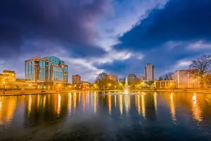 Huntsville, Alabama, USA park and downtown cityscape at twilight