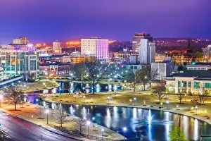 Huntsville, Alabama, USA park and downtown cityscape at twilight