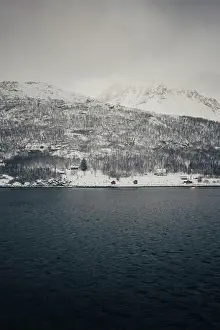 Whale Watching Prints: Huts on the sea front of the arctic ocean in the Lyngen Alps in Norway