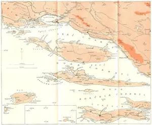 Central Prints: HVAR: island Brac, Korcula Vis, coasts Mainland, 1944 vintage map