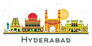 Hyderabad Prints: Hyderabad India City Skyline with Color Buildings and Blue Sky Isolated on White