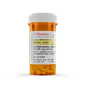 Pharmaceutical Prints: Hydrocodone Prescription Medicine Bottle and Pills Isolated on a White Background