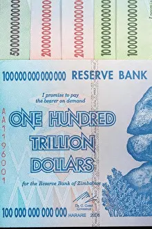 Hyperinflation - 100 Trillion Dollar Zimbabwe banknote from 2008. Largest denomination bill printed. Metaphor for hyper inflation & Zimbabwe's economy