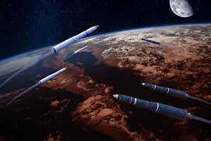 Astronomical Prints: Hypersonic missiles or rockets over the apocalyptic Earth
