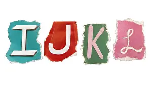 Ripped Prints: I, J, K and L alphabets on torn colorful paper. Ransom note style letters
