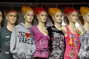 Singlet Prints: I Love Paris T-Shirts Fashion, Souvenir Tee Shirts on Mannequins in Tourist Shop