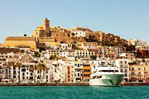 Ibiza Prints: Ibiza Old Town from harbour yacht in port harbor Spain Spanish island huge boats rich moored
