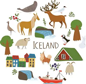 House Building Prints: Iceland nature vectorin a circle with symbols of landscapes, animals and architecture