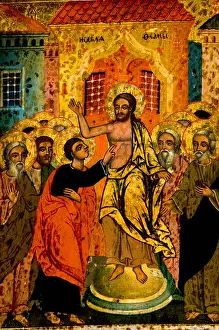 Places Prints: Icon of Jesus Christ appearing to the apostles after the crucifixion when the doubting St Thomas places his hand
