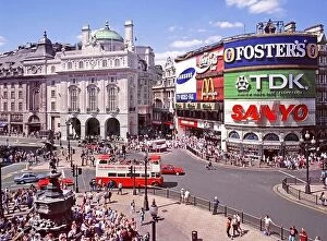Wish You Were Here Collection: Iconic London West End 1995 tourism aerial archive image looking down on crowds of tourists around