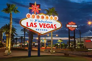 Blue Hour Prints: The iconic 'Welcome to Fabulous Las Vegas' neon sign greets visitors to Las Vegas traveling north on the Las