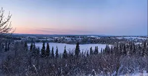 Caribou Prints: Icy, snowy lake surrounded by snowy trees under pink sky on a winter evening near Delta Junction