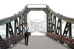 Leaving Prints: From idea to action. Happy business man crossing bridge leaving behind drawn town