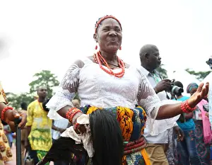 Nigeria Prints: Igbo woman of Nigerian tribe dancing during the National Festival for Arts and Culture (NAFEST) in Edo State