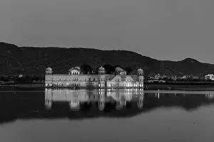 Jaipur Prints: Illuminated Jal Mahal palace at night in Jaipur