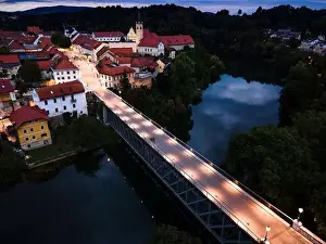 Mesto Prints: Illuminated at Night Novo Mesto in Lover Carniola Region in Slovenia at River Krka Bend