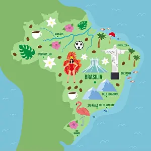 Fortaleza Prints: Illustrated map of Brazil with famous symbols and landmarks