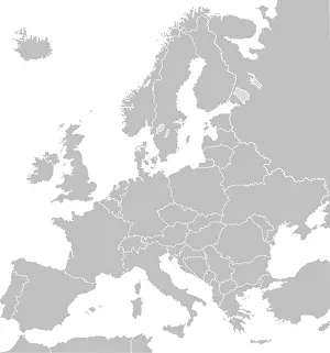 Illustrated map of Europe in grey or grey with borders of countries; white background