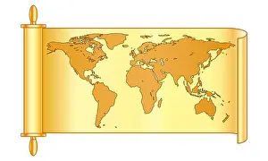 Map Of The World Prints: Illustration of the abstract vintage world map on scroll