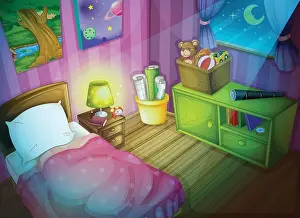 Alarm Clock Prints: Illustration of a bedroom at night