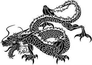 Japanese Culture Prints: Illustration of black Japanese dragon on white background