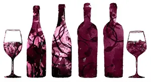 Cabernet Prints: Illustration of bottle and glass of wine with watercolor brush