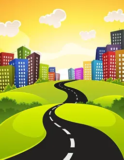 Boulevard Prints: Illustration of a cartoon city road driving downtown in spring or summer season