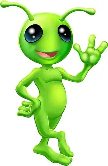 Little Prints: Illustration of a cute cartoon little green man alien mascot with antennae smiling and waving