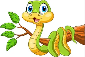Viper Prints: Illustration of Cute green snake cartoon on a tree branch with white background