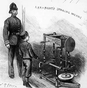 Water Power Prints: Illustration depicting Arkwright's water frame spinning machine; on display at the Patents Museum; South