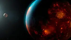 Illustration of the very early Earth (and the Moon off to the left) during the period known as the Late Heavy Bombardment (4.0 - 3.8 billion years ago