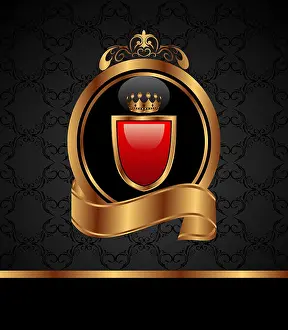 Bookplate Prints: Illustration elegant golden floral frame with heraldic elements - crown, shield. Vector