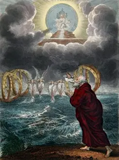 Illustration of Ezekiel's Vision of God above his Chariot made up of four Winged Creatures (Cherubim)