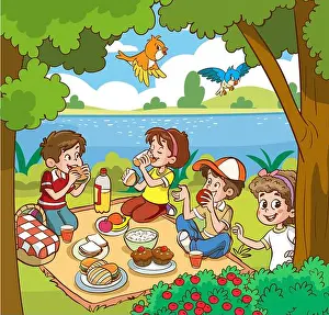 Campfire Prints: Illustration of a Family Camping and picnic on the River