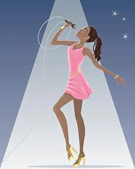 Jewelery Prints: an illustration of a female singer wearing a pink dress and gold jewelery with a microphone on stage under a spotlight