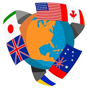 Illustration of a globe with world flags surrounding it isolated on white background done in retro style