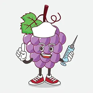 Stickers Prints: An illustration of Grape Fruit cartoon mascot character as nurse with medical syringe