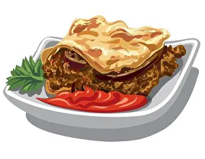 Eggplant Prints: illustration of greek moussaka with tomato sauce on plate