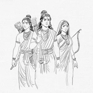 Worship Prints: Illustration of Hindu Lord Shri Rama with his wife Mata Sita and brother Laxman on shiny background