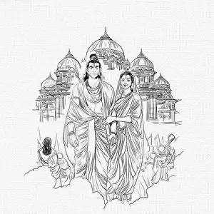 Supernatural Prints: Illustration of Hindu Lord Shri Rama with his wife Mata Sita and brother Laxman on shiny background