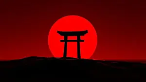 An illustration of a Japanese structure with a red moon in the background