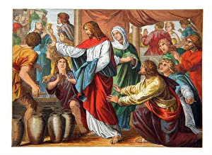 Miracle Prints: Illustration of Jesus Christ Turning Water into Wine at the Wedding Feast at Cana from 19th Century Pictorial Sunday