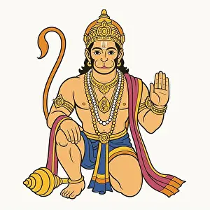 Indian Culture Prints: Illustration of Lord Hanuman in a Blessing Pose