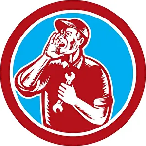 Repairman Prints: Illustration of a mechanic calling out holding hand spanner wrench tool set inside circle on isolated background done