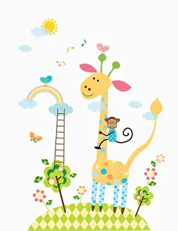 Checked Prints: illustration of a monkey on giraffe