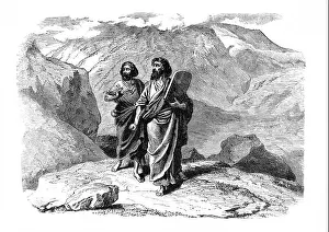Moses Prints: Illustration of Moses with the Tablets of Law and his Servant Joshua Descending Mount Sinai (Exodus)